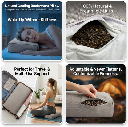 Adjustable Buckwheat Hull Pillow for Neck Pain Relief (21x8x4in) Natural Cooling Cervical Support Organic Pillow for Side & Back Sleepers with Night Sweats (Grey)