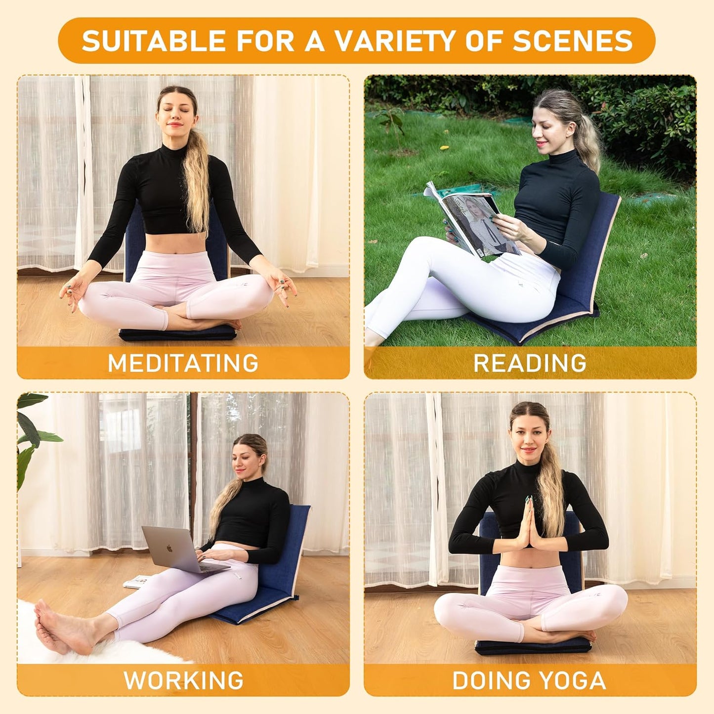 Floor Chair with Back Support 14-Position Adjustable Floor Chair Portable Ground Seating for Adults & Kids Foldable Meditation Seat with Japanese KOYO Bearings & Washable Linen Cover (Coffee)