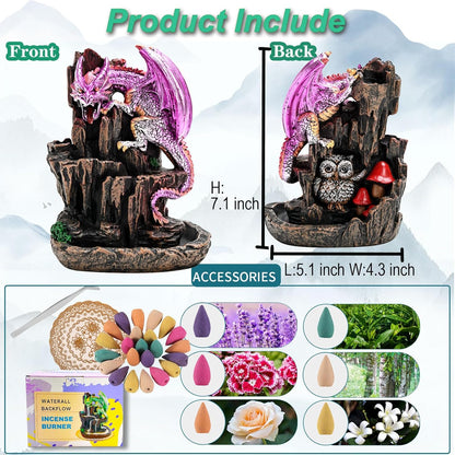 Dragon Backflow 2 Sided Mountain Waterfall Incense Burner,Fountain Smoke Incense Holder with Backflow Incense Cones, Tweezers, Mat，Resin Aromatherapy Meditation (Green)