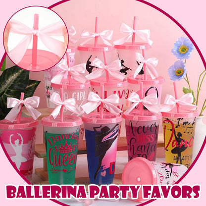 Geyoga 12 Pcs Yoga Dancer Appreciation Gifts Bulk for Women 24 oz Plastic Ballet Dance Reusable Tumbler Cup with Lid Straw Ribbon Bow for Dancer Team Gift Performance Competition Birthday Party Favor