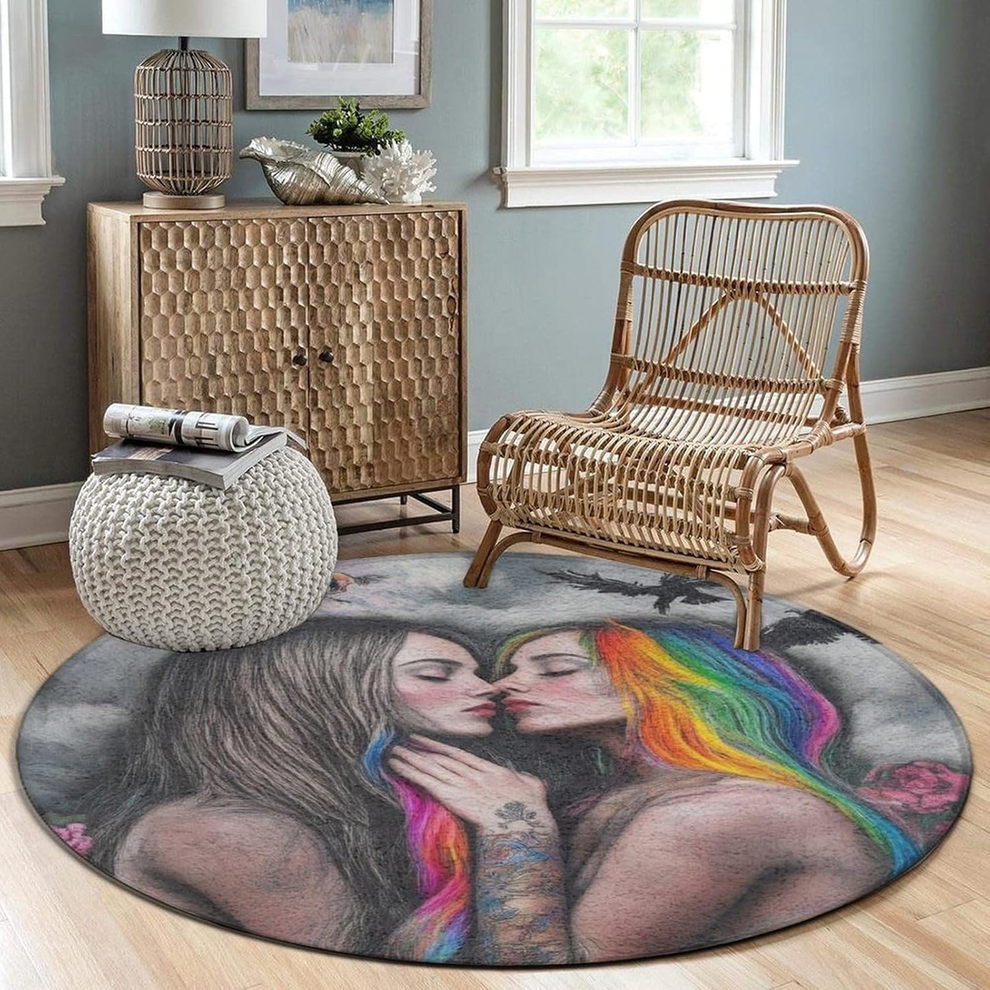 Machine Washable Modern Round Area Rug, Room Sofa Yoga Soft Round Carpet, Home Decor Non Slip Kitchen Office Circle Rug Union Jack Flag UK Mandala Art, 60inch