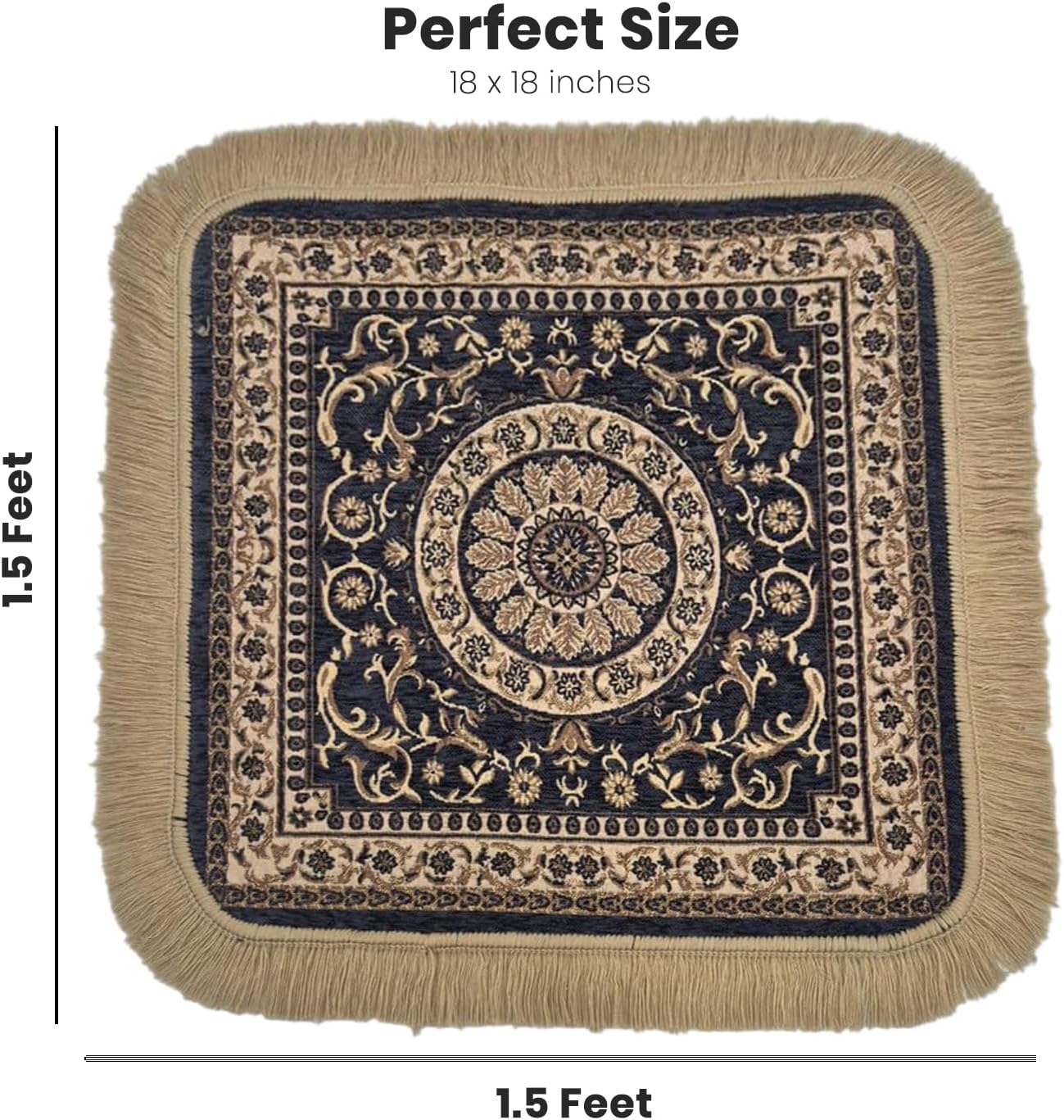 Soft Chenille Prayer Mat | Traditional Mandala Floral Pooja Aasan with Golden Fringes | Multipurpose Square Rug for Meditation, Yoga, Puja Room & Home (Red, 2x2 Feet)