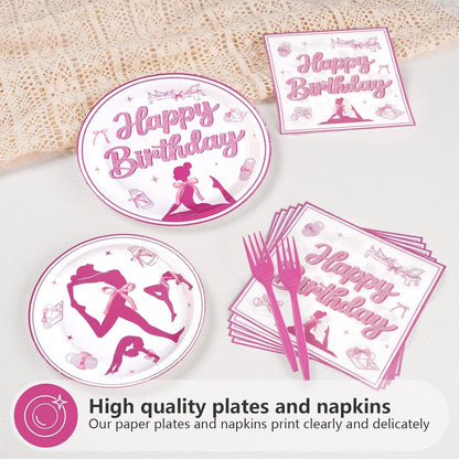 96 Pcs Pilates Yoga Birthday Party Decorations Pink Bow Yoga Pilates Plates and Napkins Disposable Sports Fitness Theme Tableware Set for Women Girls Gym Birthday Baby Shower Party Supplies Serves 24