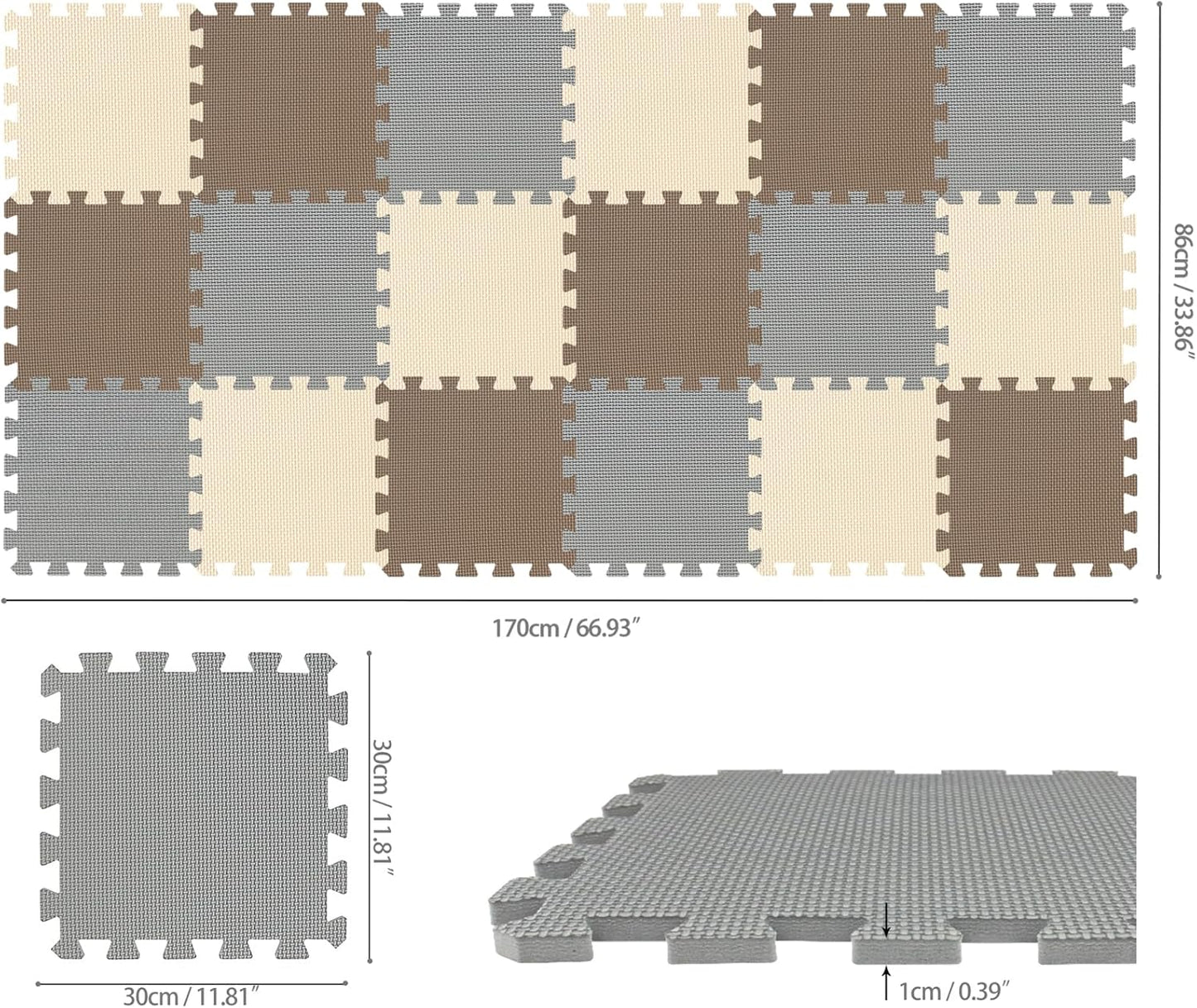 qqpp EVA Rubber 18 Tiles Interlocking Puzzle Foam Floor Mats - Baby Play Mat for Playing | Exercise Mat for Home Workout. White, Pink, Gray. QC-ACLb18N