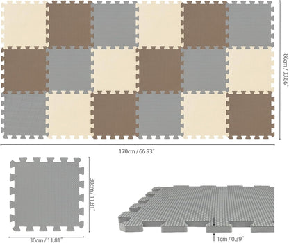 qqpp EVA Rubber 18 Tiles Interlocking Puzzle Foam Floor Mats - Baby Play Mat for Playing | Exercise Mat for Home Workout. White, Pink, Gray. QC-ACLb18N