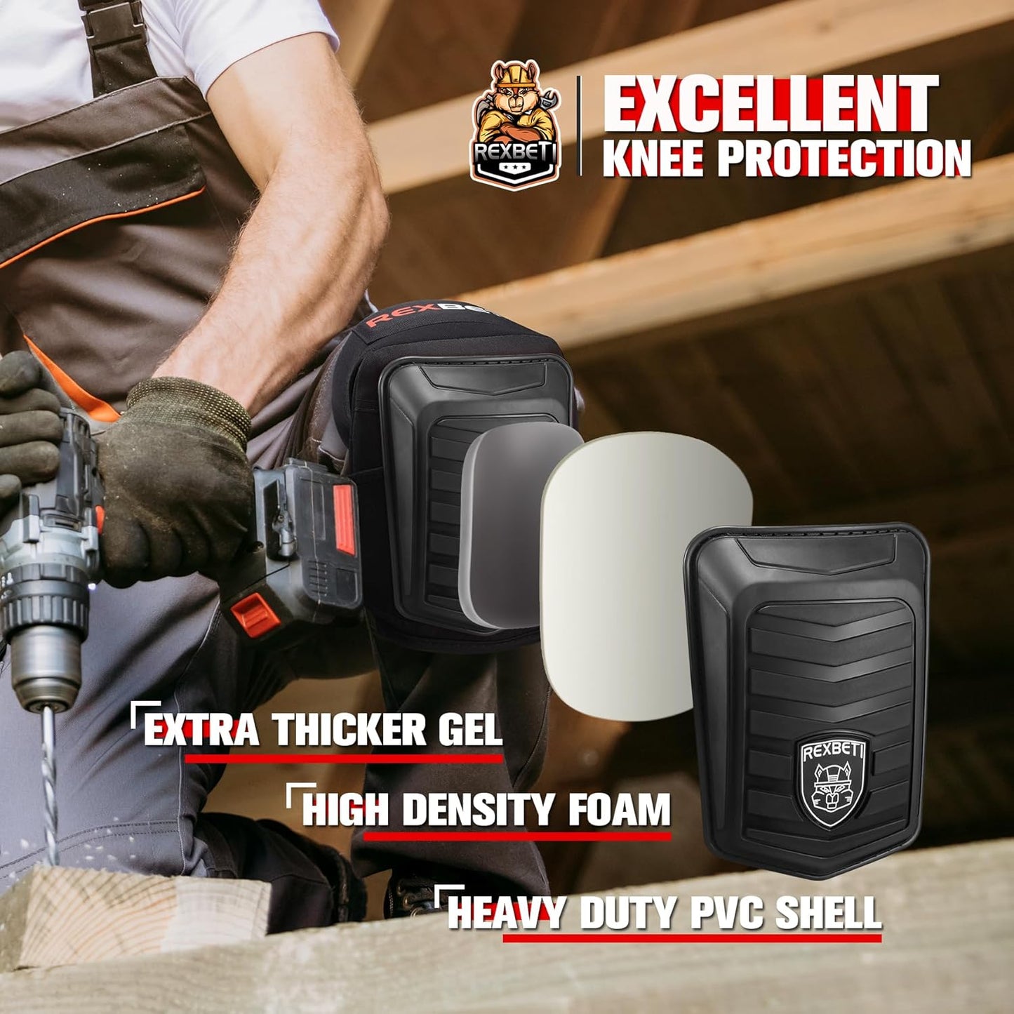 REXBETI Knee Pads for Work, Construction Knee Pads for Men, Heavy Duty Comfortable Anti-slip Foam Gel Knee Pads for Gardening Flooring and Cleaning, Strong Stretchable Straps, Orange