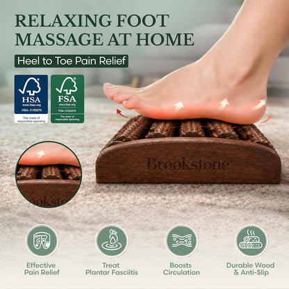 Brookstone Foot Massager Roller Plantar Fasciitis Pain Relief - Wooden Under Desk Feet Massage - Dual Manual Heel Massagers - Wood Rolling Acupressure Tool with Reflexology Guide - Gift for Men, Women