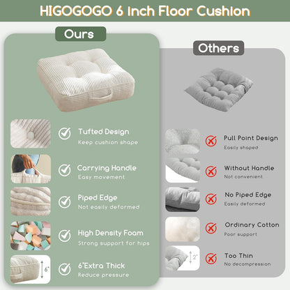 HIGOGOGO Floor Pillow Cushion for Adults, Meditation Cushion Pillow, Large Square Floor Sitting, Tufted Corduroy Cover, for Tatami Living Room or Yoga, 22x22 Inch, Dark Grey