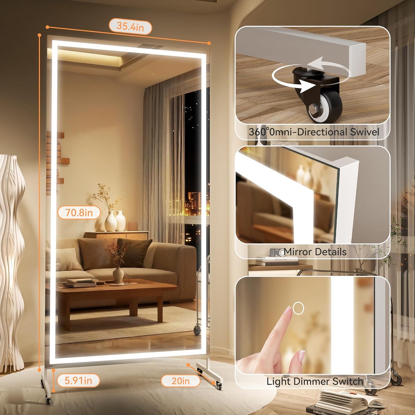 Hasipu Home Gym Mirror with Light 360° Swivel on Wheels, 79" x 32" Extra Large Full Length Rolling LED Mirror for Yoga Studio, Bedroom, Dancing Studio, White