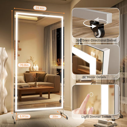 Hasipu Home Gym Mirror with Light 360° Swivel on Wheels, 79" x 32" Extra Large Full Length Rolling LED Mirror for Yoga Studio, Bedroom, Dancing Studio, White
