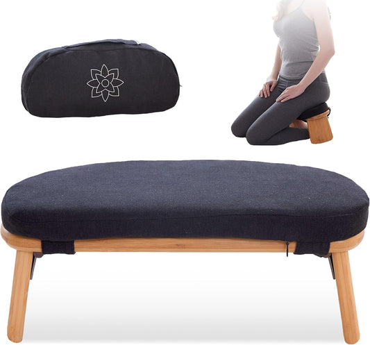 Mindful Modern Folding Meditation Bench - Bamboo Kneeling Stool with Locking Magnetic Hinges - Portable Cross Legged Folding Seiza Chair w/Travel Bag