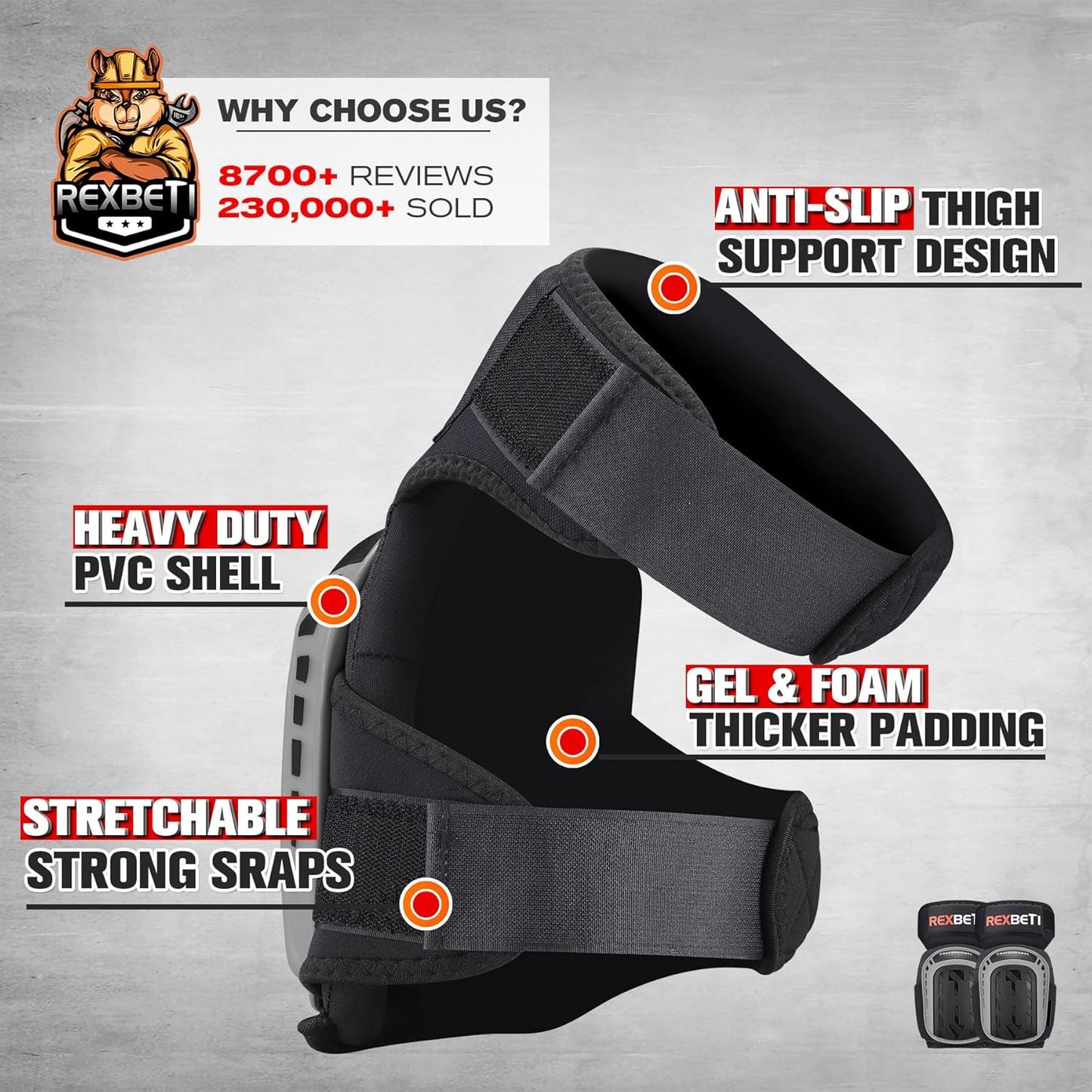 REXBETI Knee Pads for Work, Construction Knee Pads for Men, Heavy Duty Comfortable Anti-slip Foam Gel Knee Pads for Gardening Flooring and Cleaning, Strong Stretchable Straps, Orange