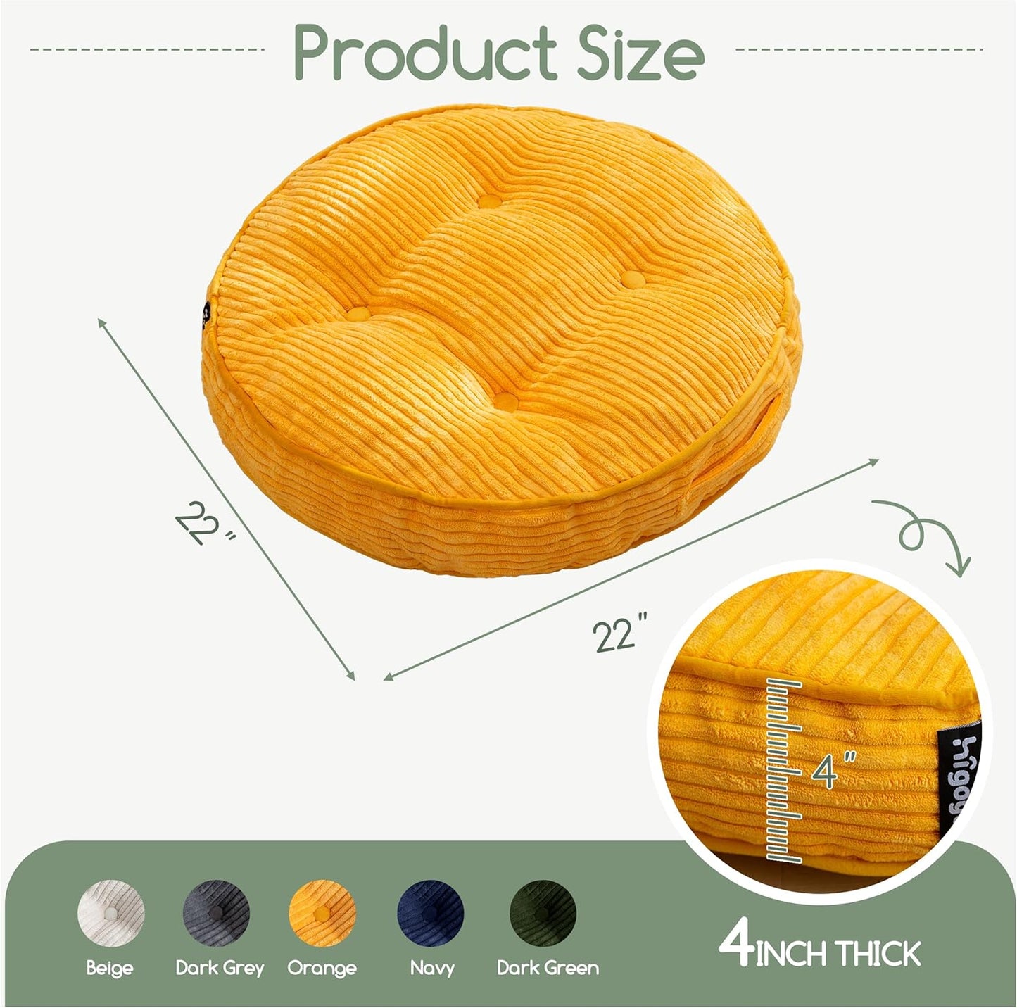 HIGOGOGO Floor Pillow Cushion for Adults, Meditation Cushion Pillow, Large Square Floor Sitting, Tufted Corduroy Cover, for Tatami Living Room or Yoga, 22x22 Inch, Dark Grey
