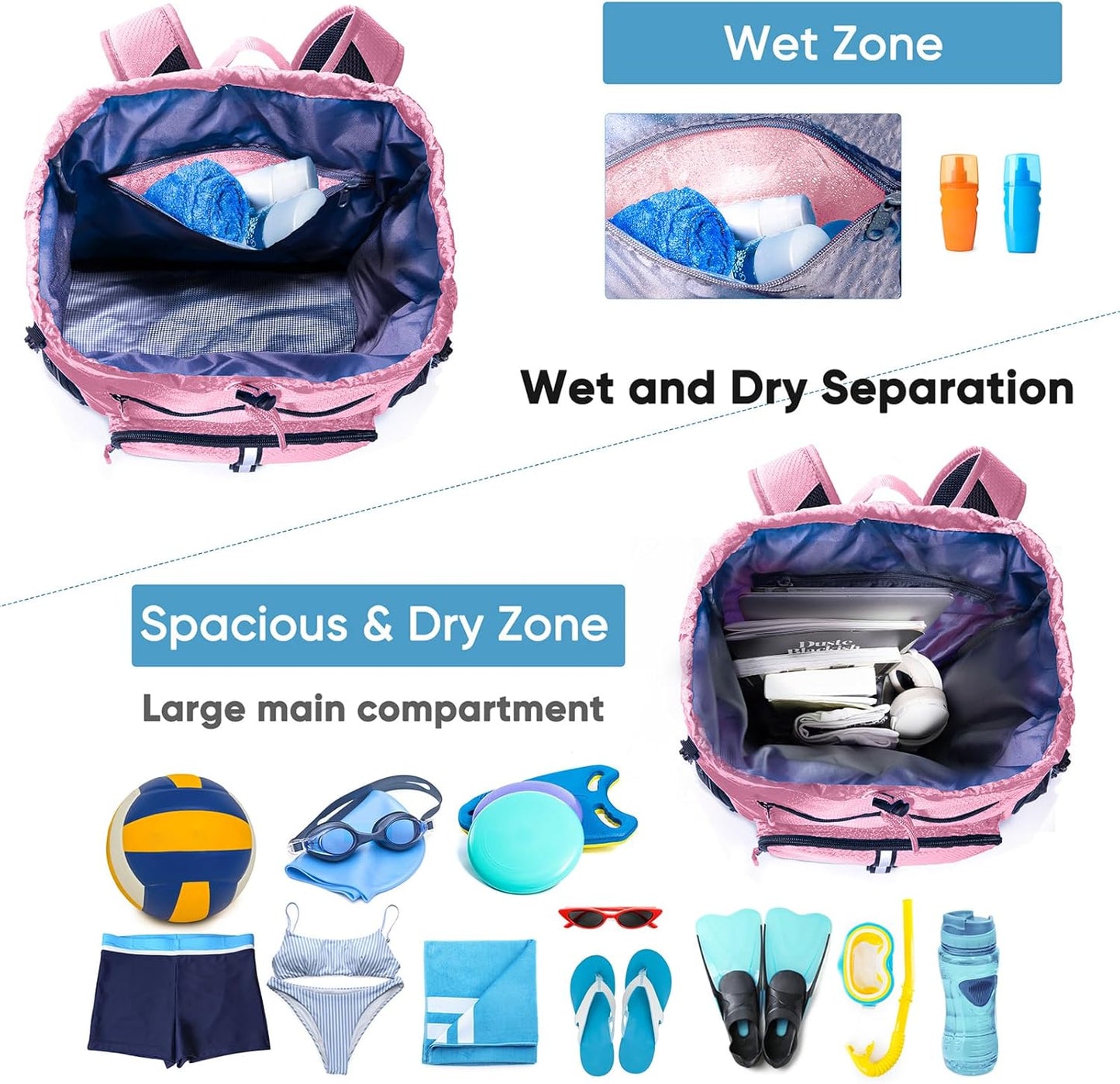Large Beach Backpack Waterproof Sandproof - Customized Oversized Drawstring Pool Bag with Shoe Compartment for Toiletries, Towels, Gym, Travel