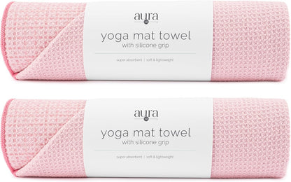 S&T INC. Aura Yoga Mat Towel with Non-Slip Grip, Enhanced Silicone Grip, Soft and Absorbent for Gym, Pilates, and Hot Yoga Mat, 2 Pack, 24 inches x 72 inches, 340GSM, Pink