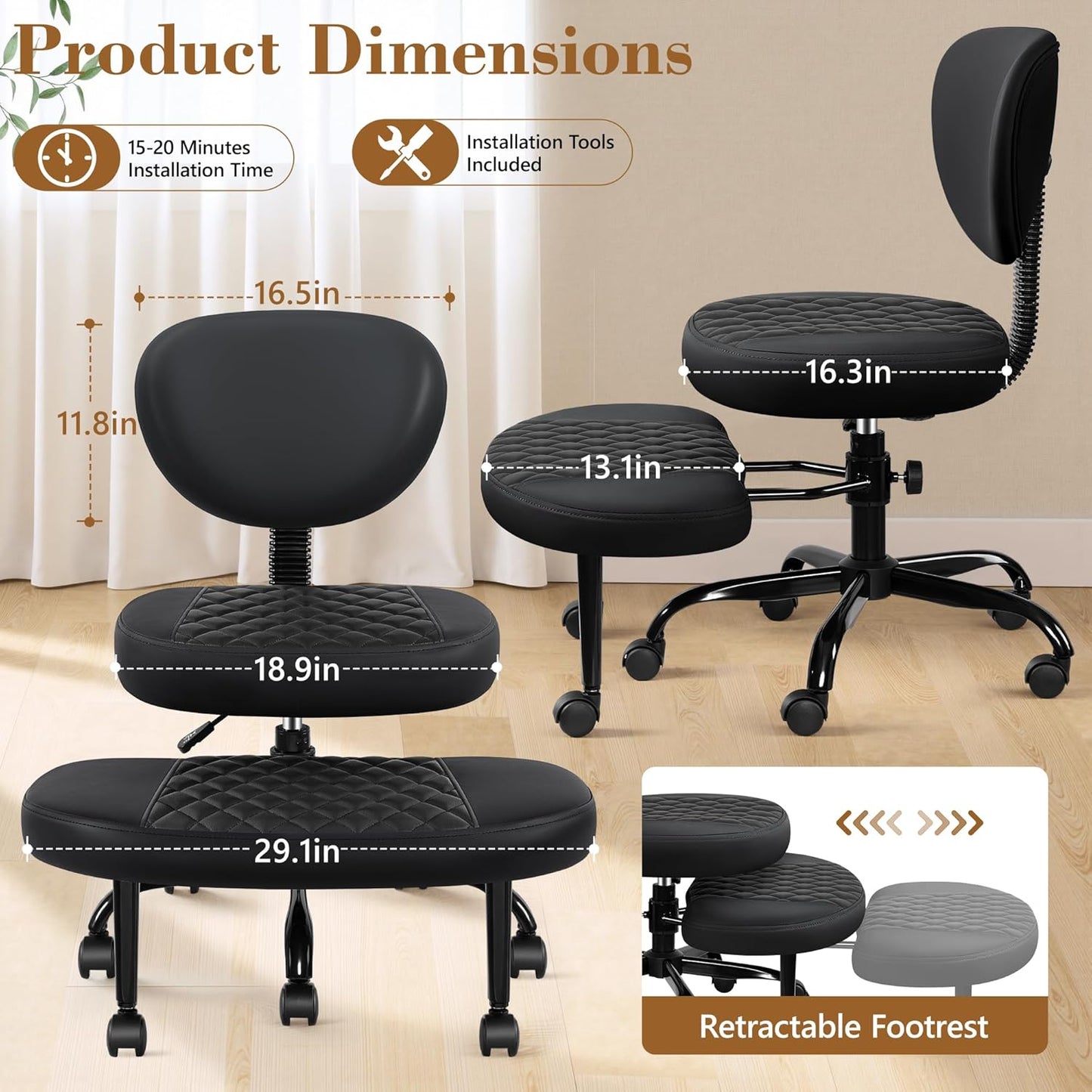 AtHope Ergonomic Cross Legged Office Chair with Wheels - Adjustable Height for Meditation, ADHD Desk & Yoga - Wide Criss Cross Design with Lumbar Support, Kneeling Chair - Black