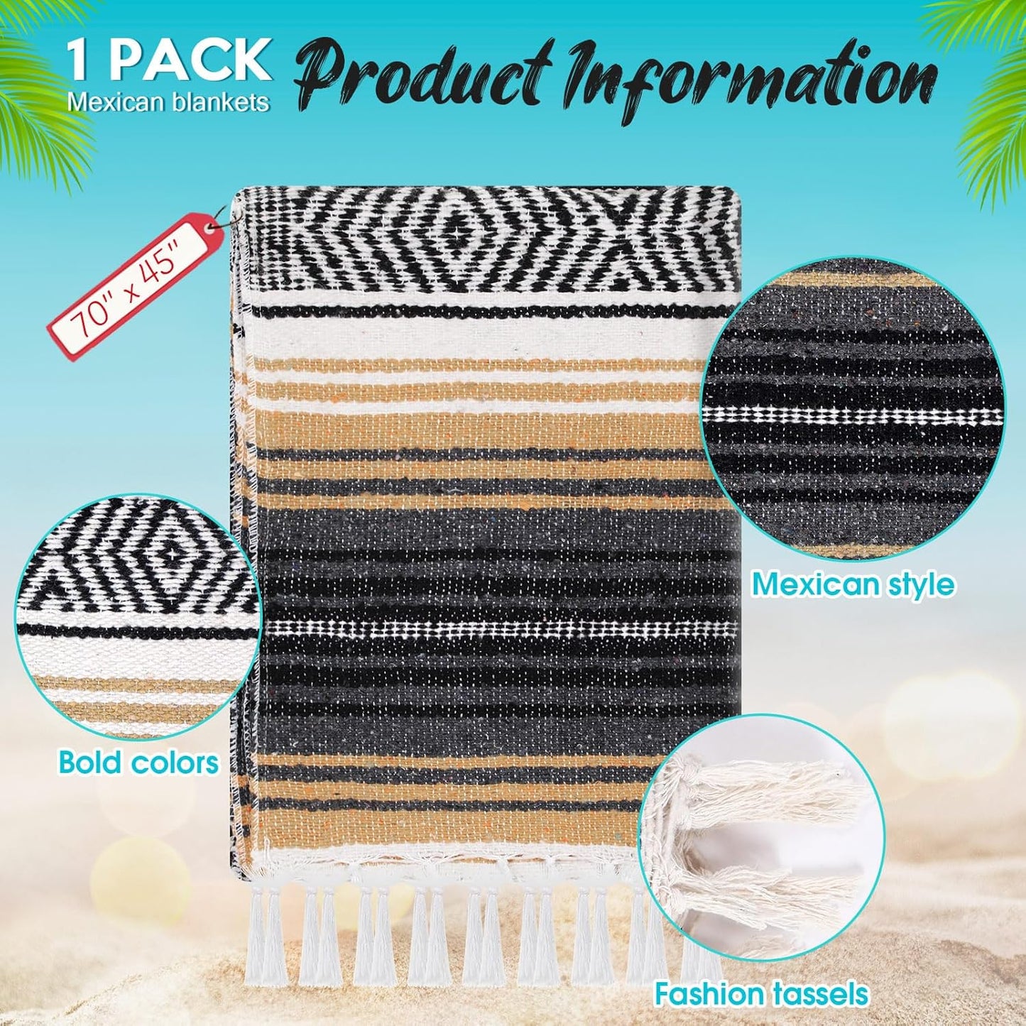 Oudain Mexican Blanket Woven Authentic Cotton Falsa Throw 45 x 70 Inch – Authentic Baja Serape Saddle Blanket Outdoor for Restorative Yoga, Beach, Picnic, Couch, Car Travel(Coastal Calm)