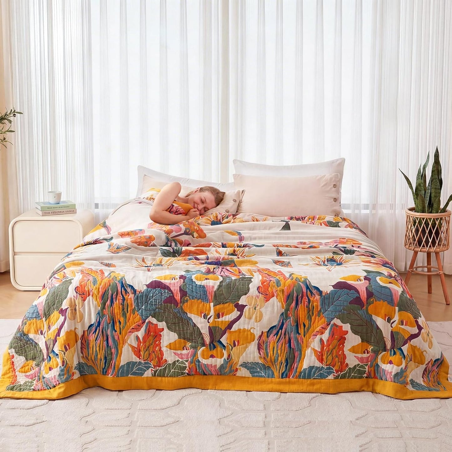 Boho Throw Blanket - 100% Cotton Soft Summer Throw Blanket for Bed, 50"x60" Reversible Breathable Lightweight Blankets, All Seasons Farmhouse Decor Floral Plant Butterfly Throw Quilt