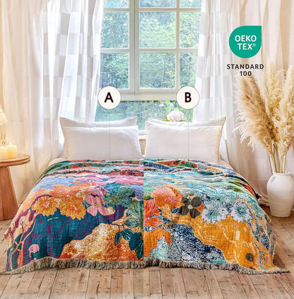 Boho Throw Blanket - 100% Cotton Soft Summer Throw Blanket for Bed, 50"x60" Reversible Breathable Lightweight Blankets, All Seasons Farmhouse Decor Floral Plant Butterfly Throw Quilt