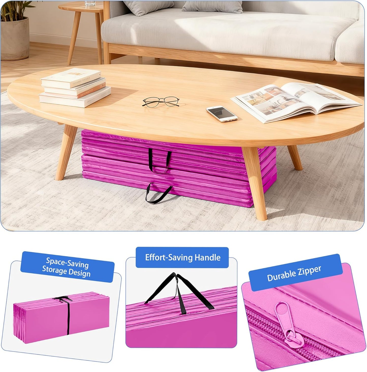 Outdoor Basic 6'x3'x2'' Gymnastics Mats Portable 4-Fold Tumbling Mat Thick Yoga Mat with PU Leather & Carry Handle for Home Workout, Yoga, MMA Core Training, Pilates