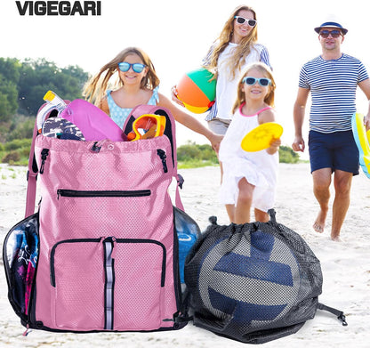 Large Beach Backpack Waterproof Sandproof - Customized Oversized Drawstring Pool Bag with Shoe Compartment for Toiletries, Towels, Gym, Travel