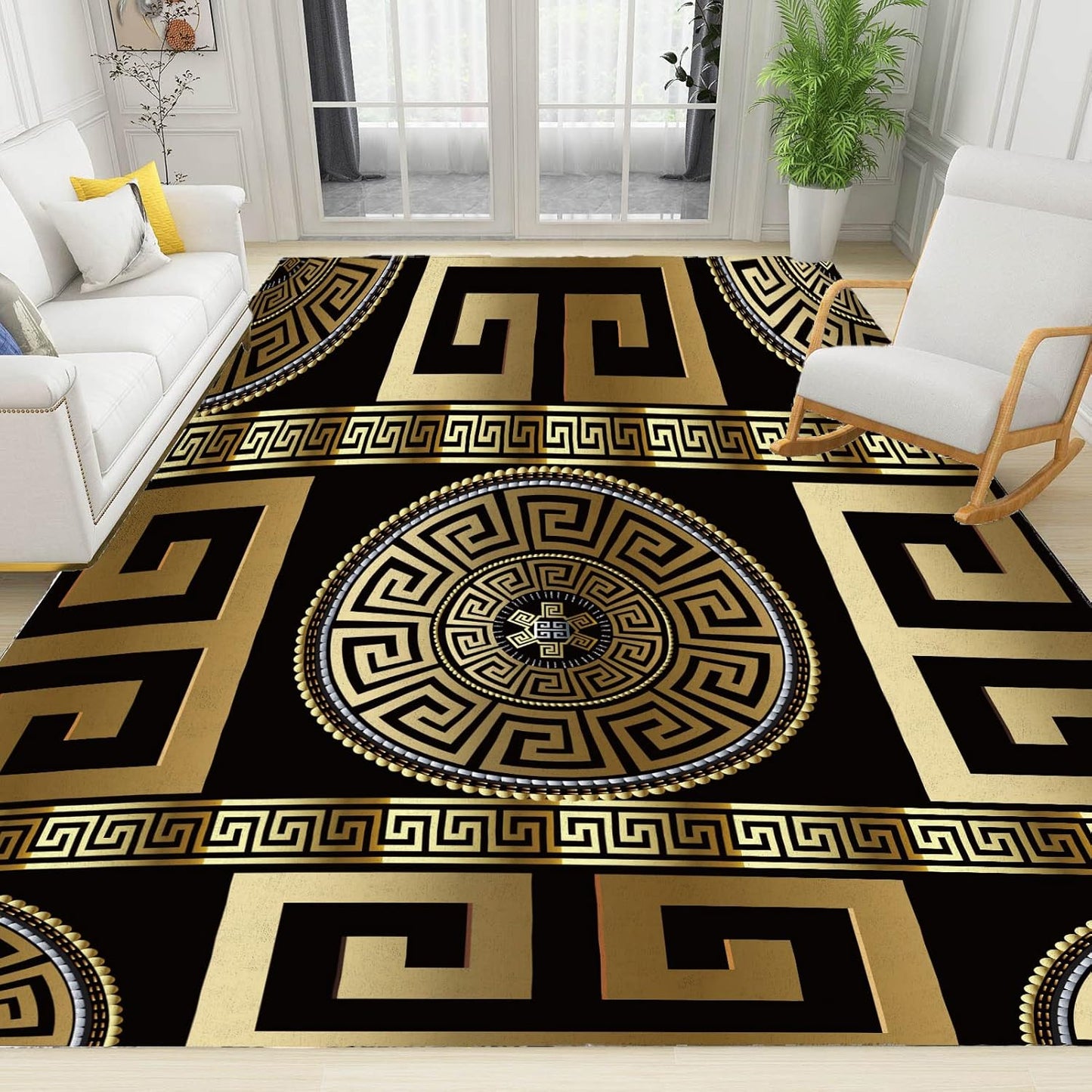 Retro Black Gold Greek Key Meander Area Rugs, 3D Geometric Gold Print Living Room Decor Rug, Soft Machine Washable for Hotel Home Decor Doormat Entrance Hall Yoga Room Patio, 5ft x 6ft