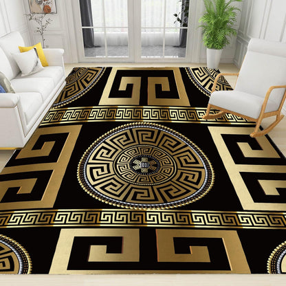 Retro Black Gold Greek Key Meander Area Rugs, 3D Geometric Gold Print Living Room Decor Rug, Soft Machine Washable for Hotel Home Decor Doormat Entrance Hall Yoga Room Patio, 5ft x 6ft