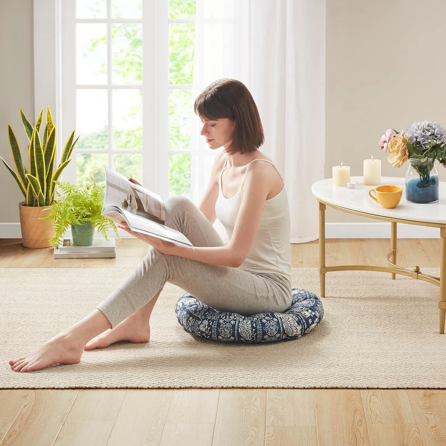 Codi Boho Floor Pillow, Large Meditation Cushion for Adults, Square Pillows Seating for Yoga Living Room Tatami Sitting Home Decor, Memory Foam Added, 22x22 Inch, Multi Patchwork