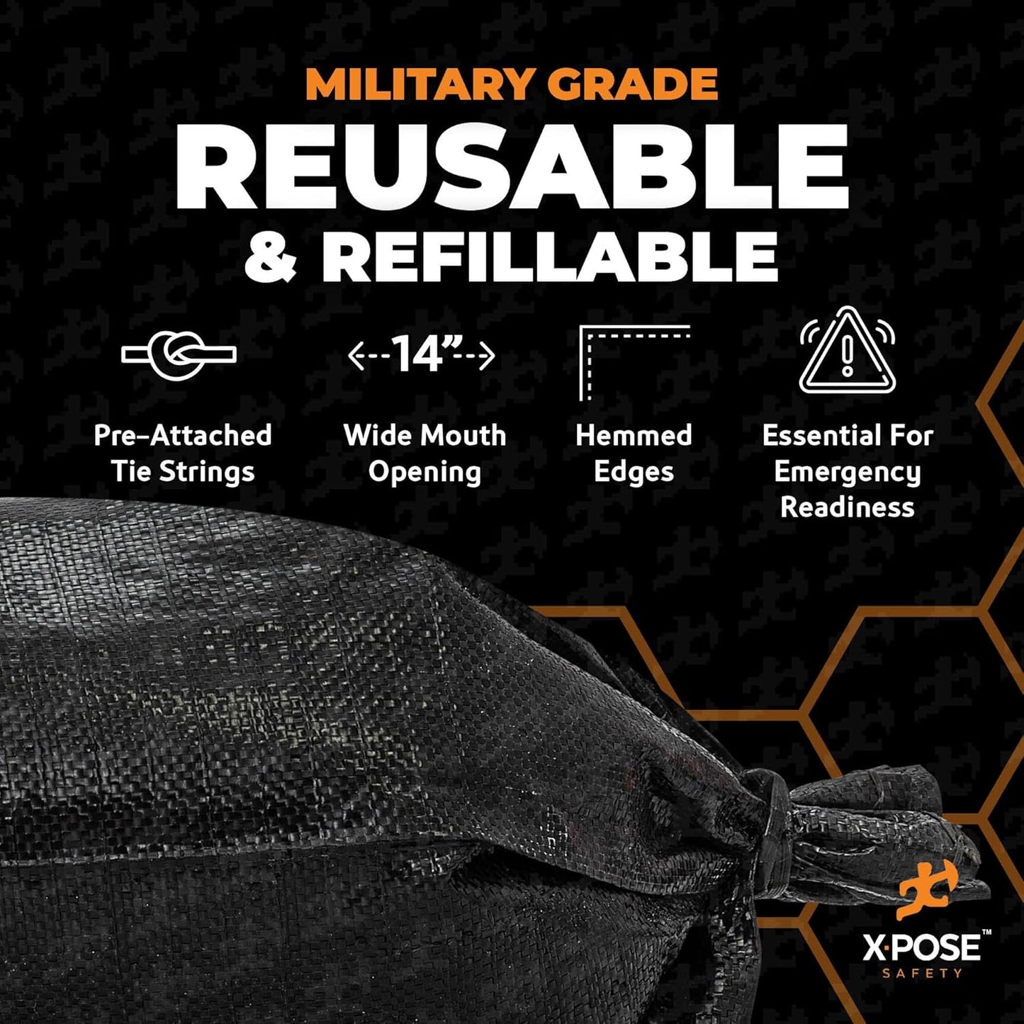 Xpose Safety Heavy Duty Sand Bags with Tie Strings – Empty Woven Polypropylene Sandbags for Hurricane Flood Protection, 100 lb Capacity, 14" x 26", Black, Pack of 10