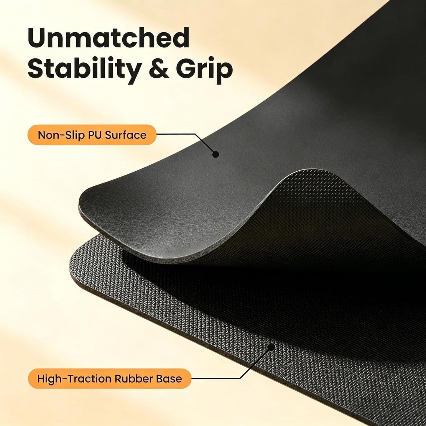Grip Yoga Mat 5mm Non-Slip PU Natural Rubber Surface, Premium Fitness Mat for Hot Yoga, Pilates, for Women and Men