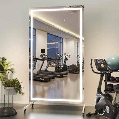 Hasipu Home Gym Mirror with Light 360° Swivel on Wheels, 79" x 32" Extra Large Full Length Rolling LED Mirror for Yoga Studio, Bedroom, Dancing Studio, White