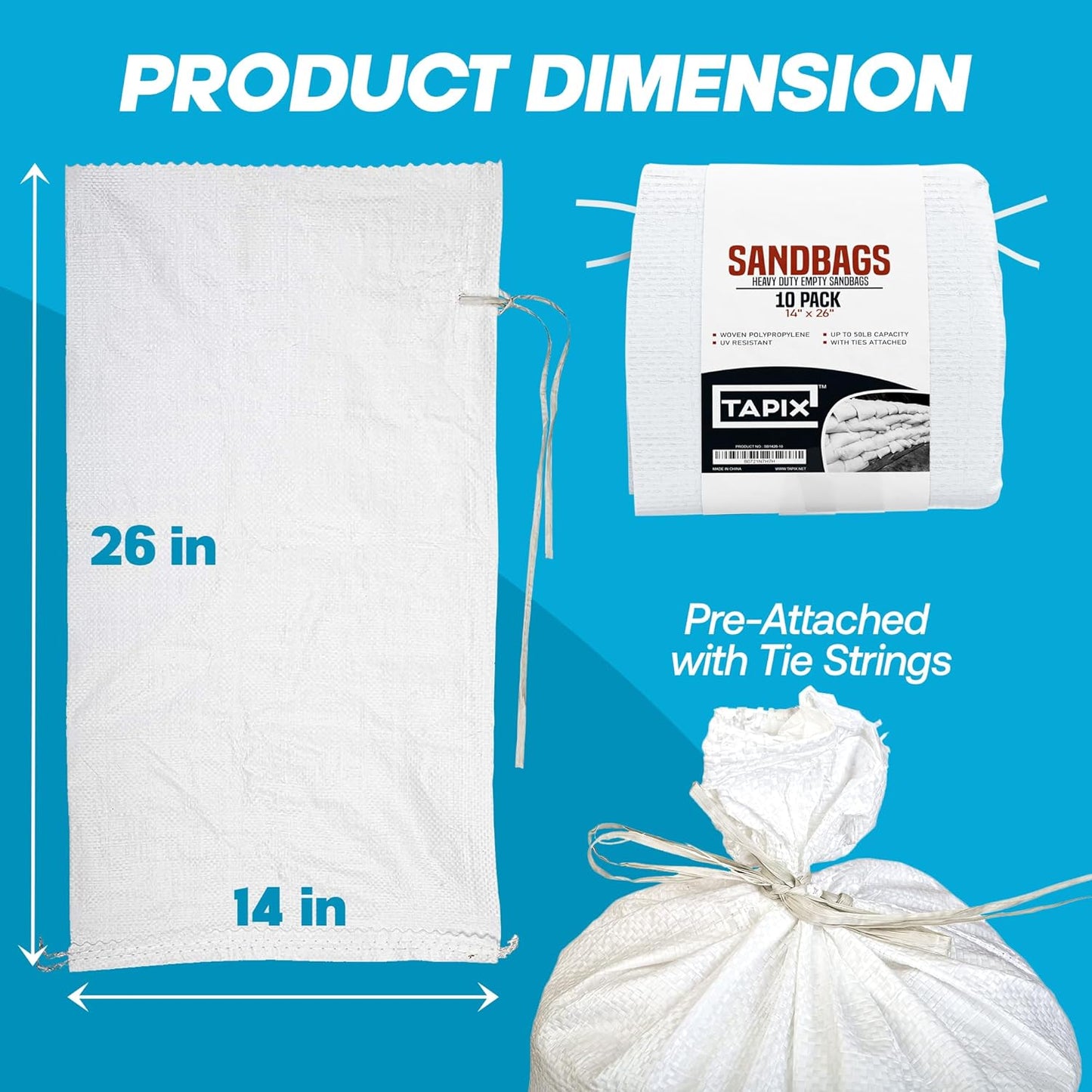 Sand Bags with Ties 14" x 26" - Sand Bags for Flooding, Woven Polypropylene Sandbags, 50 lbs Capacity, 14x26 inches, White