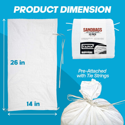 Sand Bags with Ties 14" x 26" - Sand Bags for Flooding, Woven Polypropylene Sandbags, 50 lbs Capacity, 14x26 inches, White