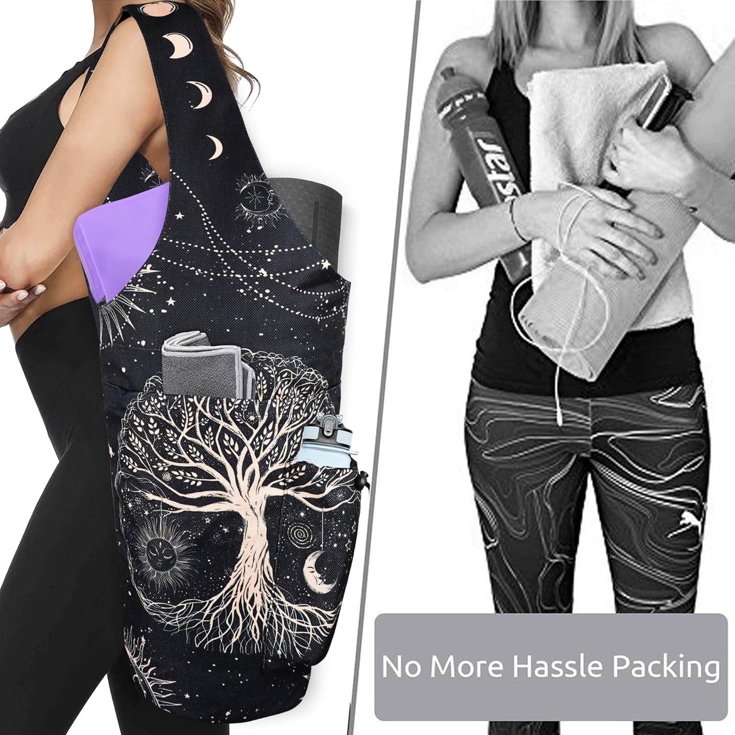 Yoga Mat Bag - Large Opening Long Tote Yoga Mat Carrier Holder Bag with Waterproof Wet Zipper Pocket and Drawstring Water Bottle Pocket - Yoga Bag Fit Most Size Mats
