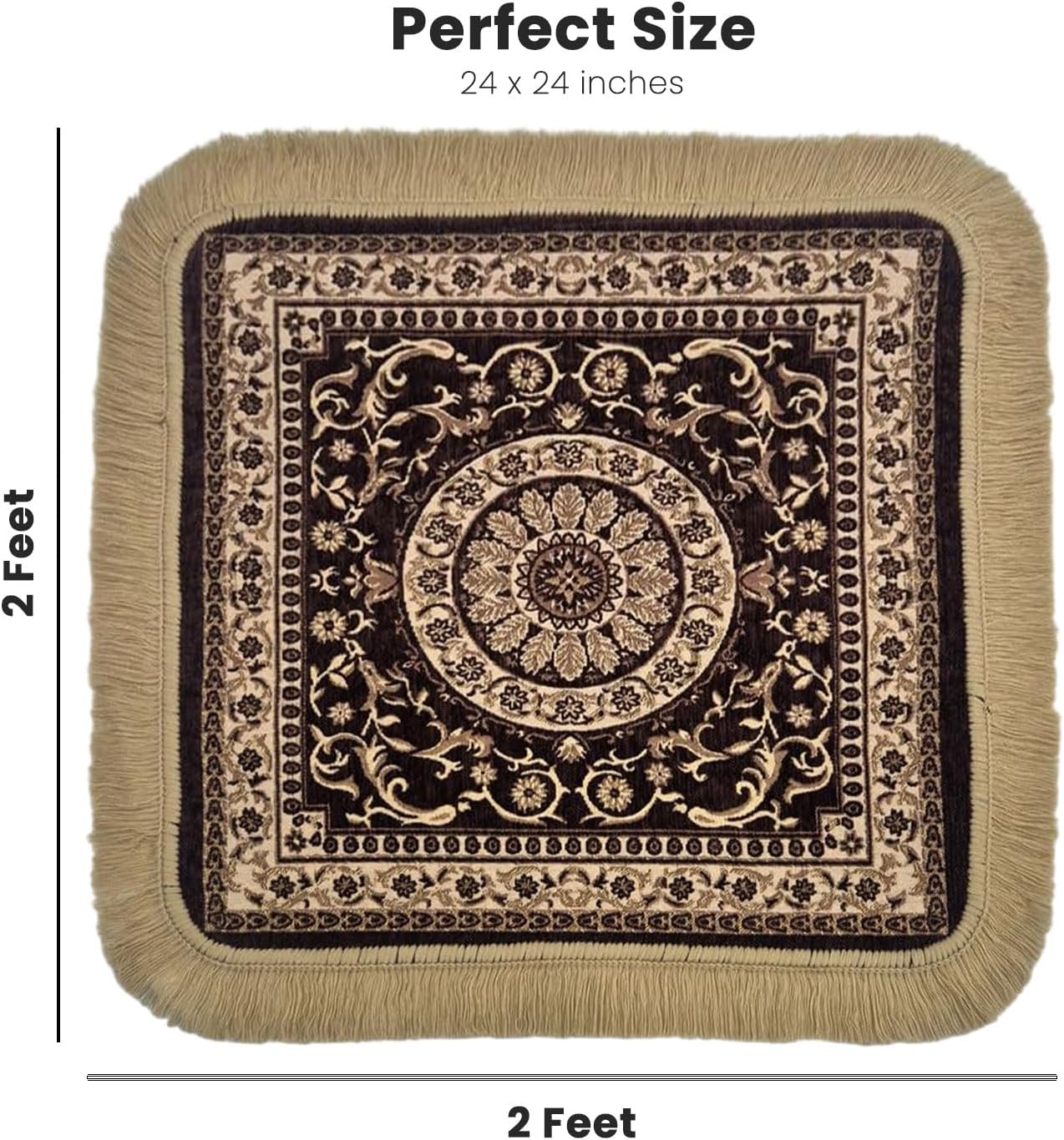 Soft Chenille Prayer Mat | Traditional Mandala Floral Pooja Aasan with Golden Fringes | Multipurpose Square Rug for Meditation, Yoga, Puja Room & Home (Red, 2x2 Feet)