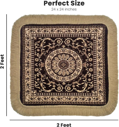 Soft Chenille Prayer Mat | Traditional Mandala Floral Pooja Aasan with Golden Fringes | Multipurpose Square Rug for Meditation, Yoga, Puja Room & Home (Red, 2x2 Feet)