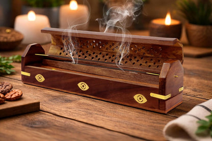 Sheesham Wood Incense Burner Holder - Set of 2 Coffin Style Sun Moon Inlay Handmade Aromatherapy Room Freshener Fragrance Cone Incense Stick Burner Ash Catcher - Zen Home Gift - 12x2x2 - COTTON CRAFT