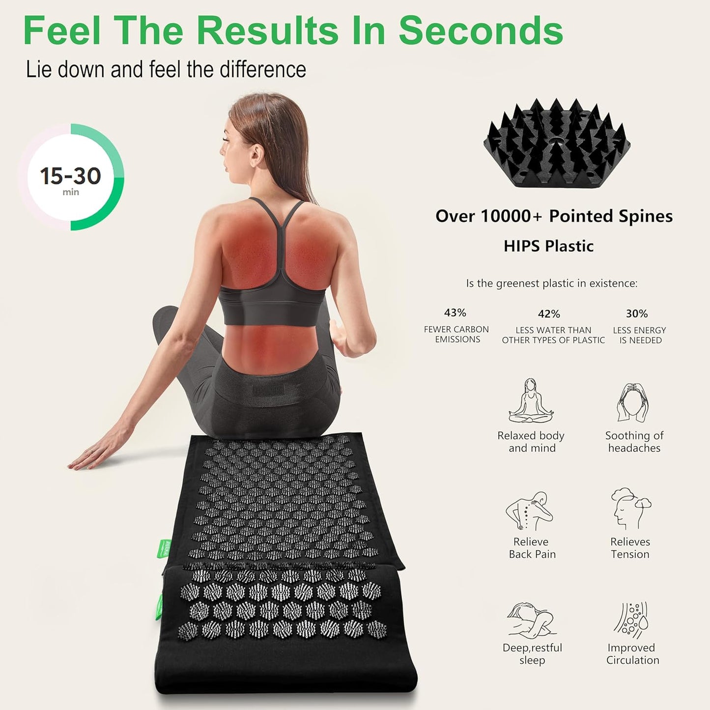 Acupressure Mat and Pillow Set - Full Body Pro Kit for Stress Relief, Muscle Relaxation & Pain Relief - Natural Eco-Friendly Linen & Coconut Fiber Mat - Includes Carrying Bag (Black)