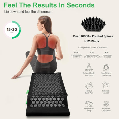 Acupressure Mat and Pillow Set - Full Body Pro Kit for Stress Relief, Muscle Relaxation & Pain Relief - Natural Eco-Friendly Linen & Coconut Fiber Mat - Includes Carrying Bag (Black)