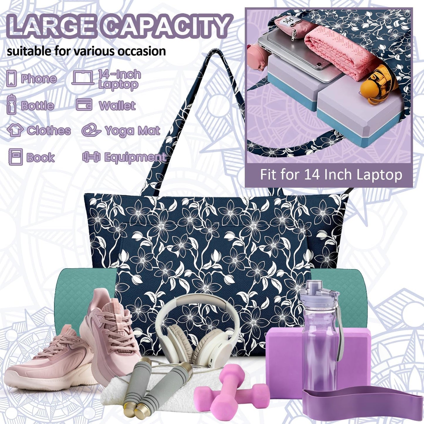 Yoga Bag for Women, Large Canvas Yoga Mat Tote Bag with Yoga Mat Carrier - Large Mat Pocket Fitness Tote for Pilates, Gym, Travel, Office & Beach