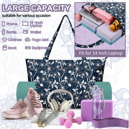 Yoga Bag for Women, Large Canvas Yoga Mat Tote Bag with Yoga Mat Carrier - Large Mat Pocket Fitness Tote for Pilates, Gym, Travel, Office & Beach