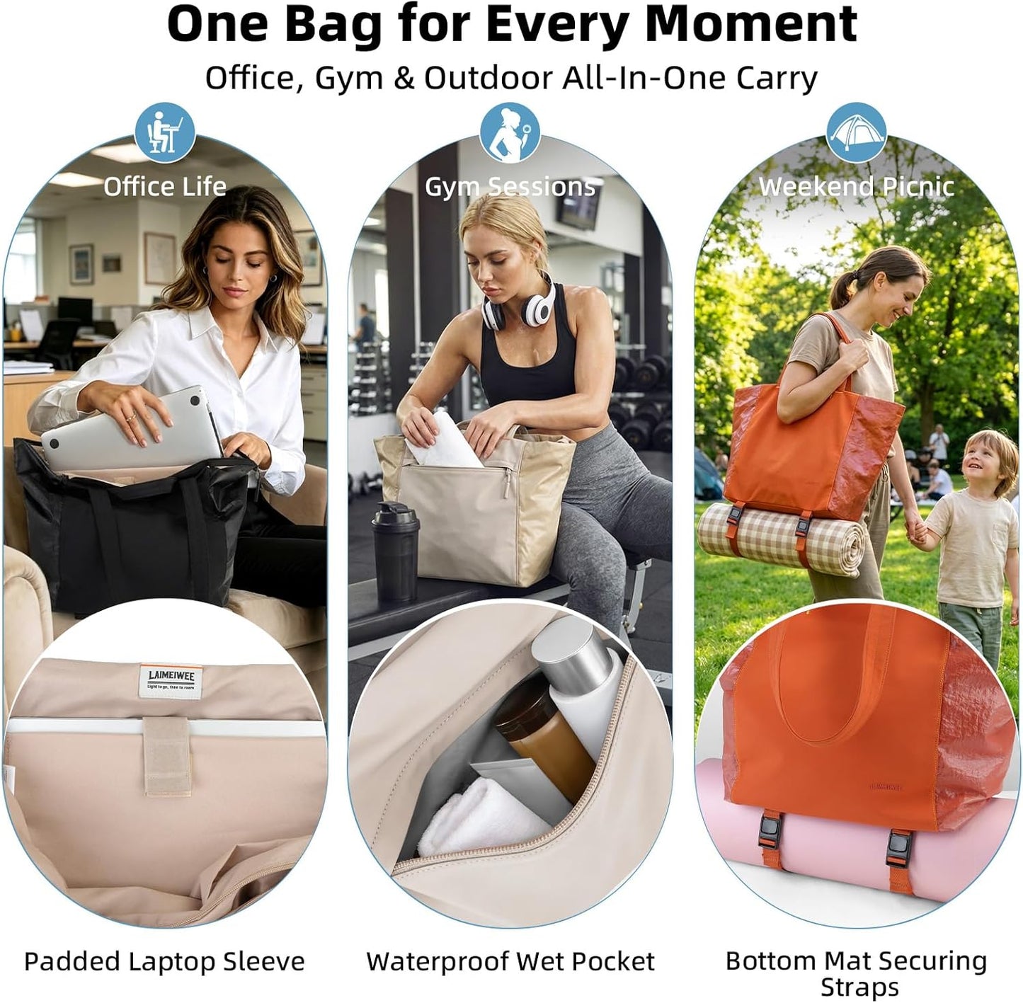 Lightweight Carryall Tote Bag for Women, 25L Expandable Travel Work Bag with Tablet Sleeve, Gym Tote with Yoga Mat Holder & Wet Dry Pocket, 3-Piece Set with Shoe Bag & Cosmetic Pouch (Black)