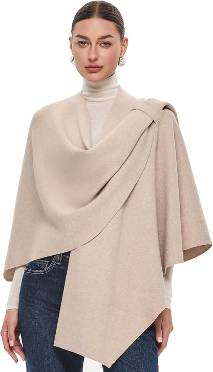 PULI Womens Large Cross Front Poncho Sweater Wrap Topper Knitted Elegant Shawls Cape for Fall Winter