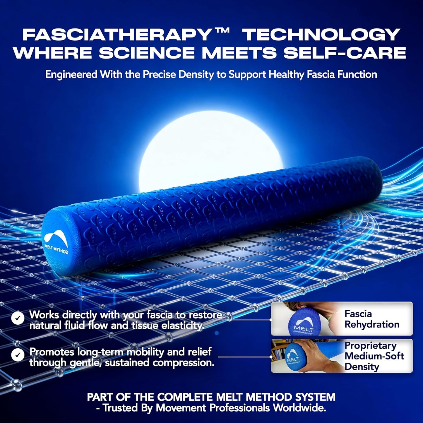 MELT Method 36 Inch Soft Foam Roller for Physical Therapy and Exercise Recovery - FasciaTherapy Technology - Low Density Exercise Foam Roller for Full Body Gentle Compression - Blue