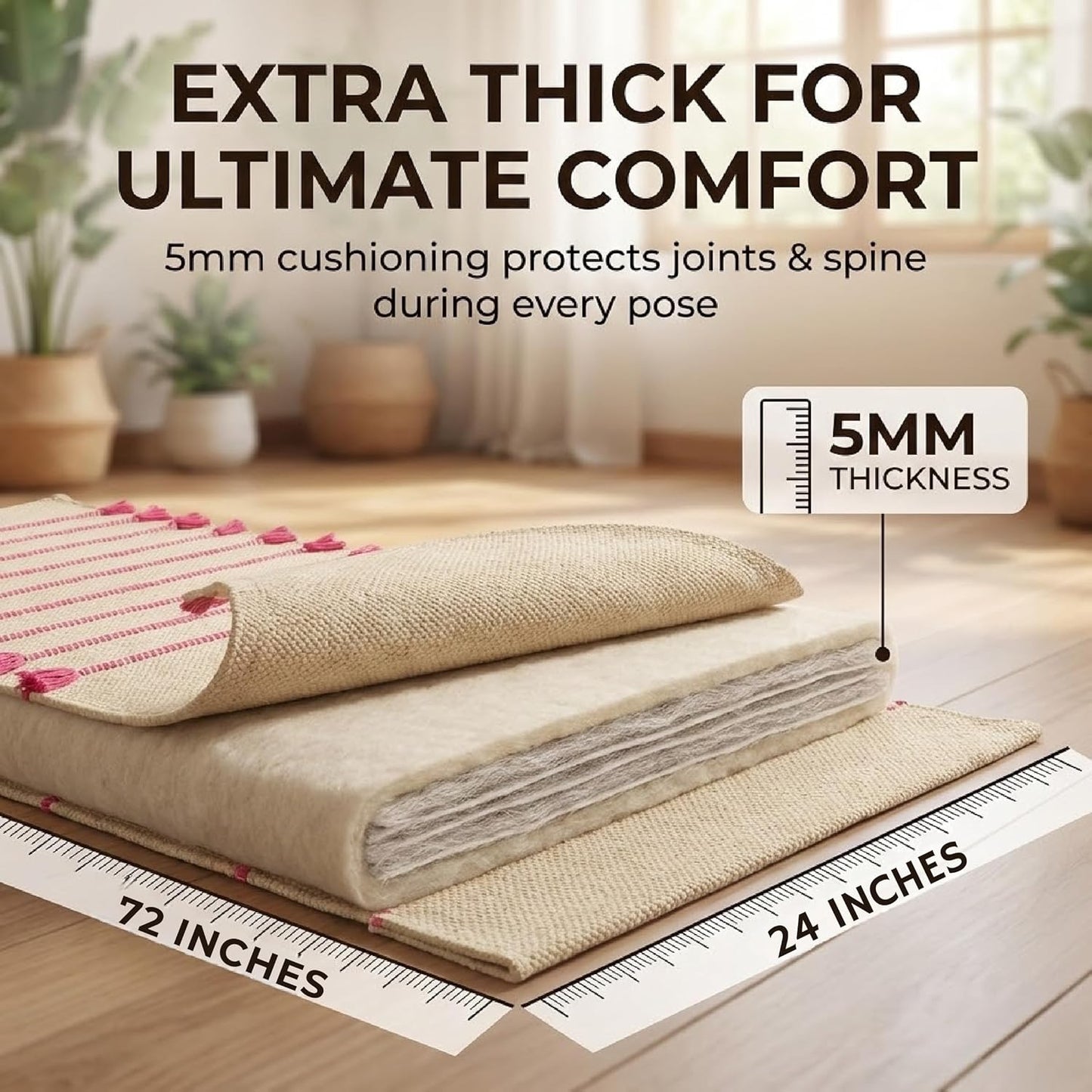 Indian Handmade100 % Organic Anti Skid Multi Colour Cotton Yoga Mat - Eco-Friendly Hand-Woven Rug - Non-Slip & Thick (24”x72”x5mm) for Hot yoga & Everyday Fitness at Home - Comfortable & Foldable Extra-Long Mat
