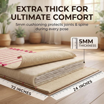 Indian Handmade100 % Organic Anti Skid Multi Colour Cotton Yoga Mat - Eco-Friendly Hand-Woven Rug - Non-Slip & Thick (24”x72”x5mm) for Hot yoga & Everyday Fitness at Home - Comfortable & Foldable Extra-Long Mat