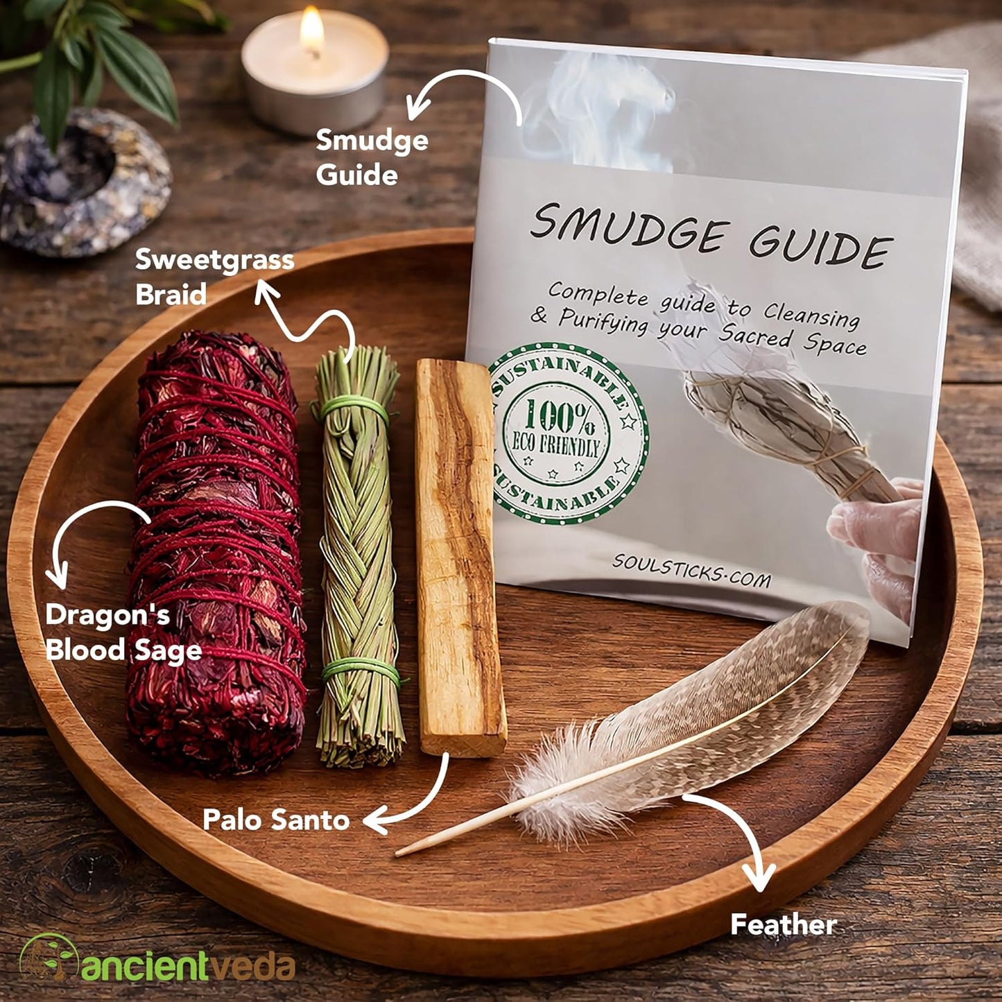Ancient VEDA Organic Smudge Kit – Yerba Santa, Palo Santo, Sweetgrass Braid, Feather & Smudge Guide | Home Cleansing Kit for Meditation, Yoga, Energy Healing & Gift (Starter Kit, Yerba Santa Sage)