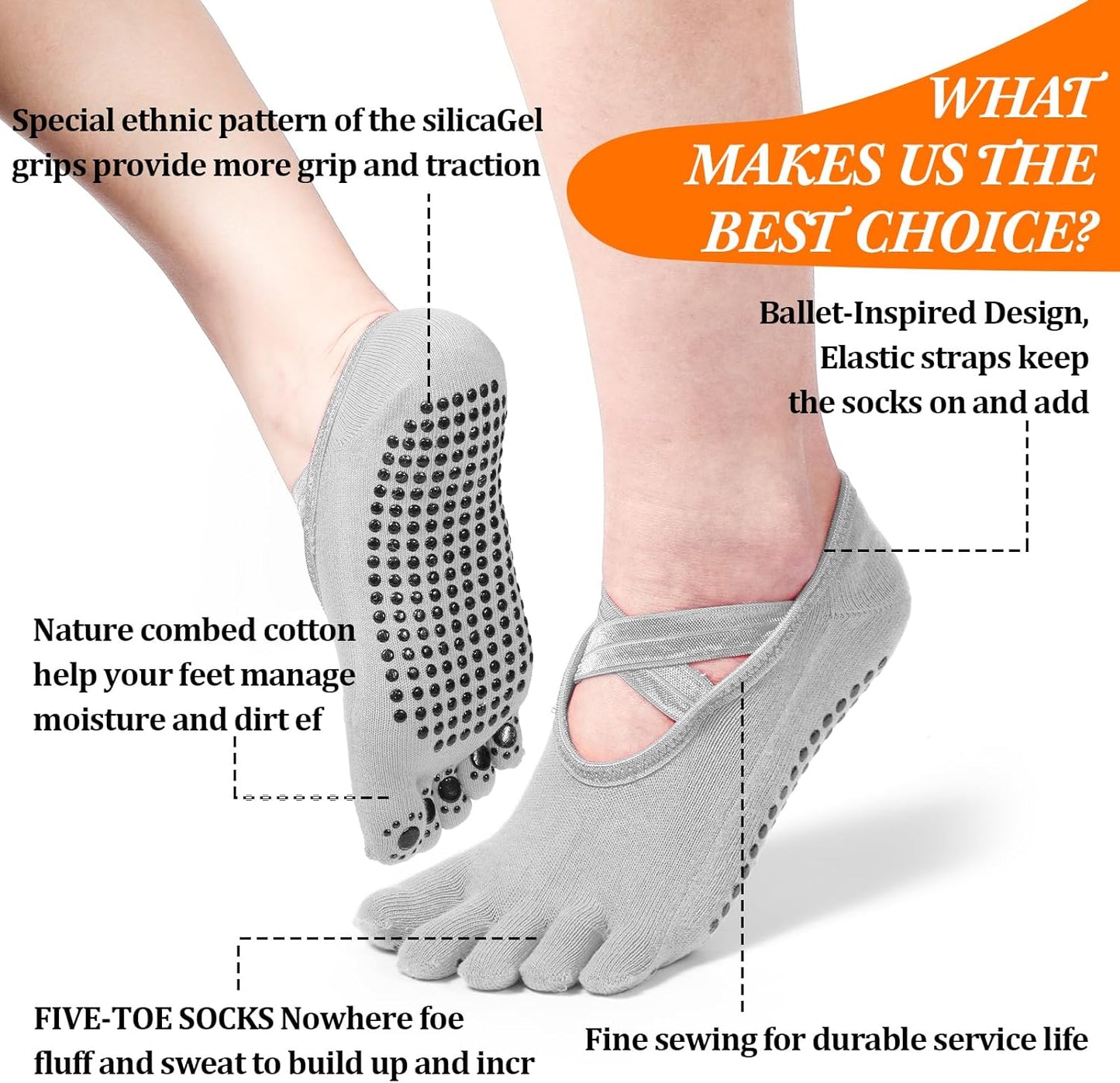 SATINIOR 7 Pairs Yoga Toe Socks with Grip Women Non Slip Sticky Full Toe Socks for Pilates, Ballet, Dance, Barefoot (Multi Colors)