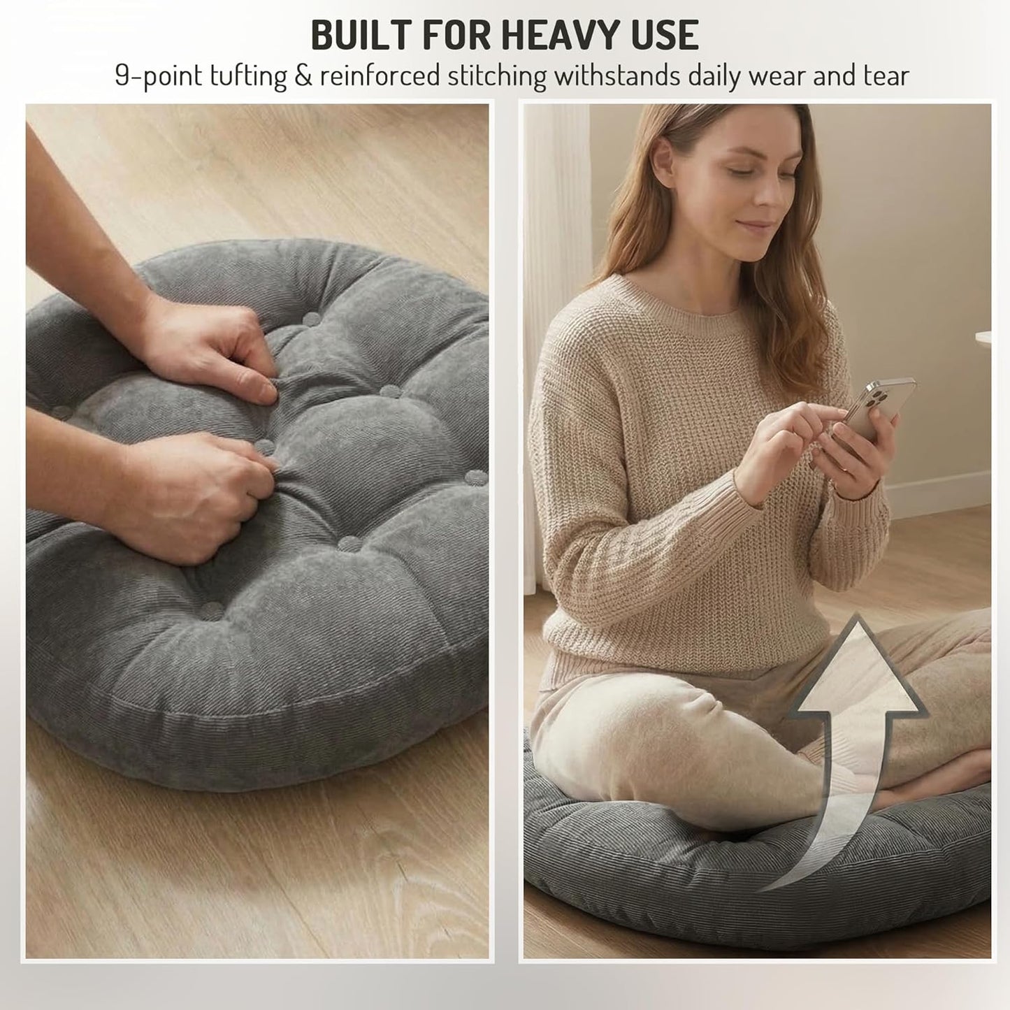 Meditation Floor Pillow Set of 2, Round Large Pillows Seating for Adults, Tufted Corduroy Cushion for Living Room Tatami, Beige 22 Inch