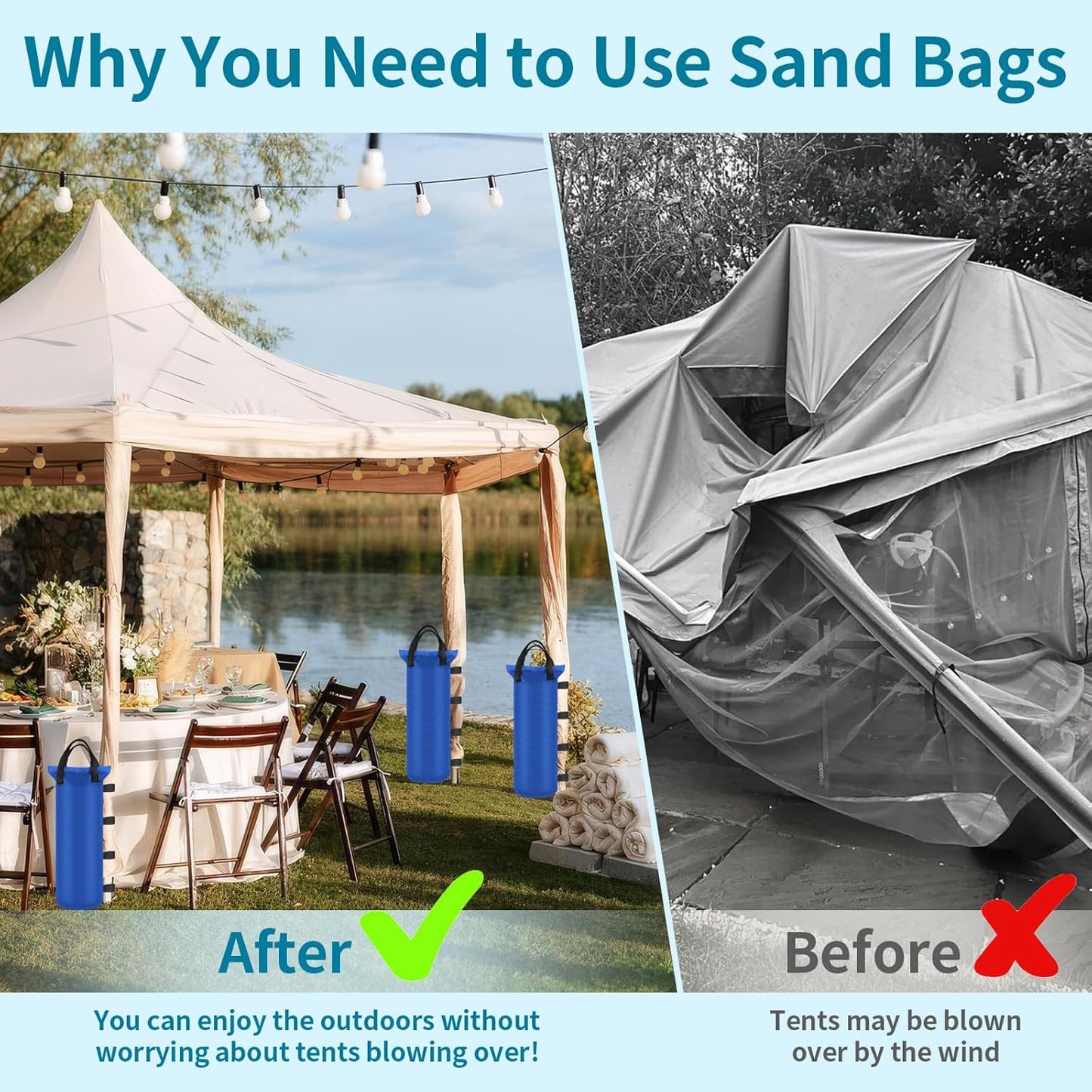 4 Sand Bags for Weight, Heavy Duty Sandbags for Canopy Legs, Extra Large Pop Up Tent Weights, Canopy Weight Bags for Gazebo, Outdoor Sun Shelter, Umbrella - Black, 6"×20", Without Sand